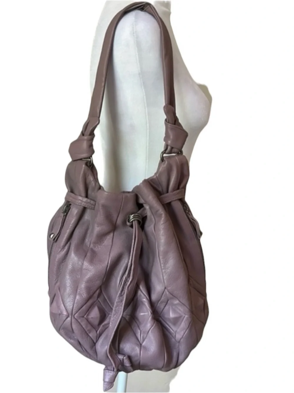 Elliott Lucca Lavender Leather Diamond Woven Bucket Hobo Shoulder Bag